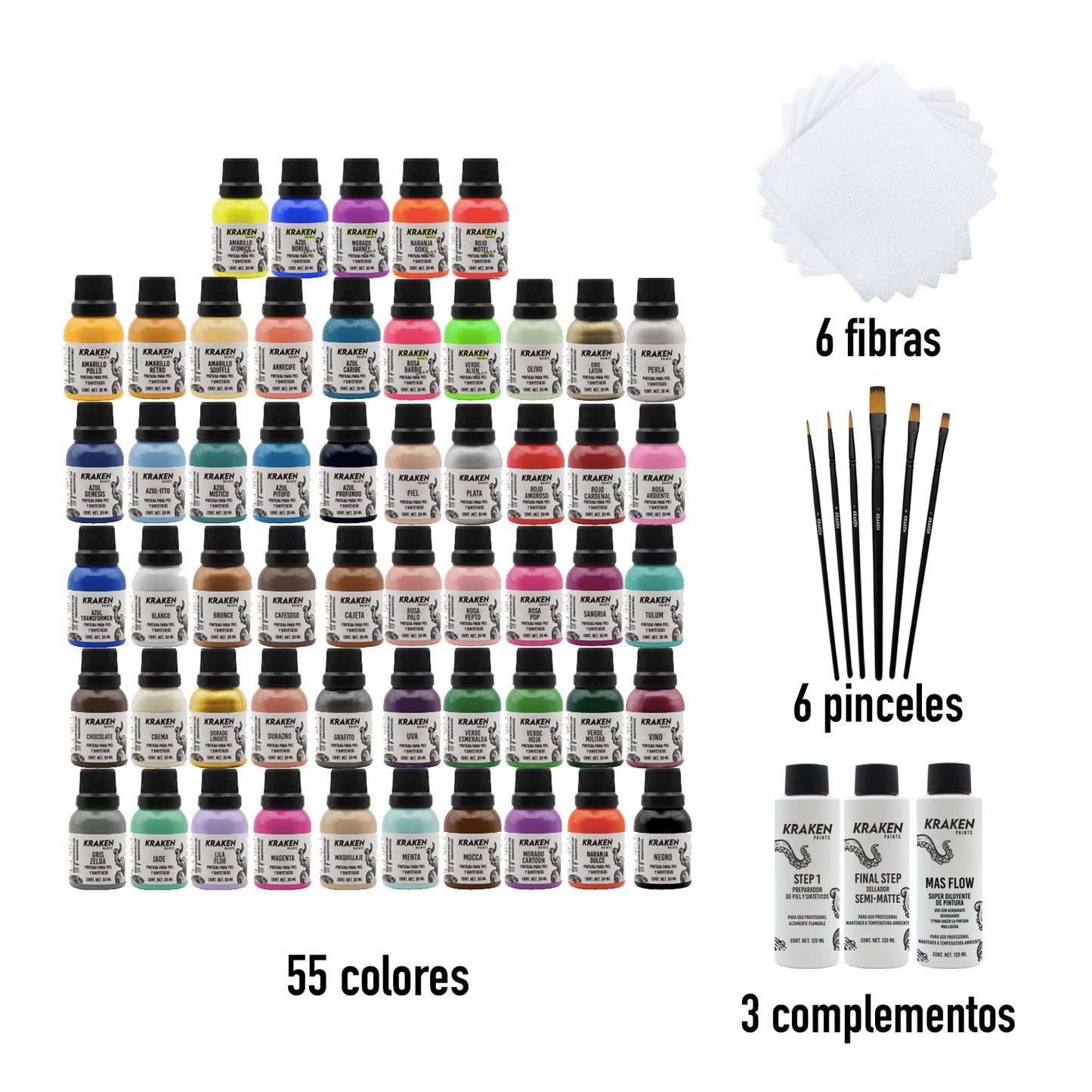 Kit Total - 55 colores + 3 Complementos + 6 Pinceles + 6 fibras